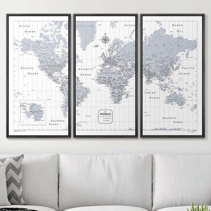 World Travel Map Pin Board with Push Pins: Light Gray Color Splash