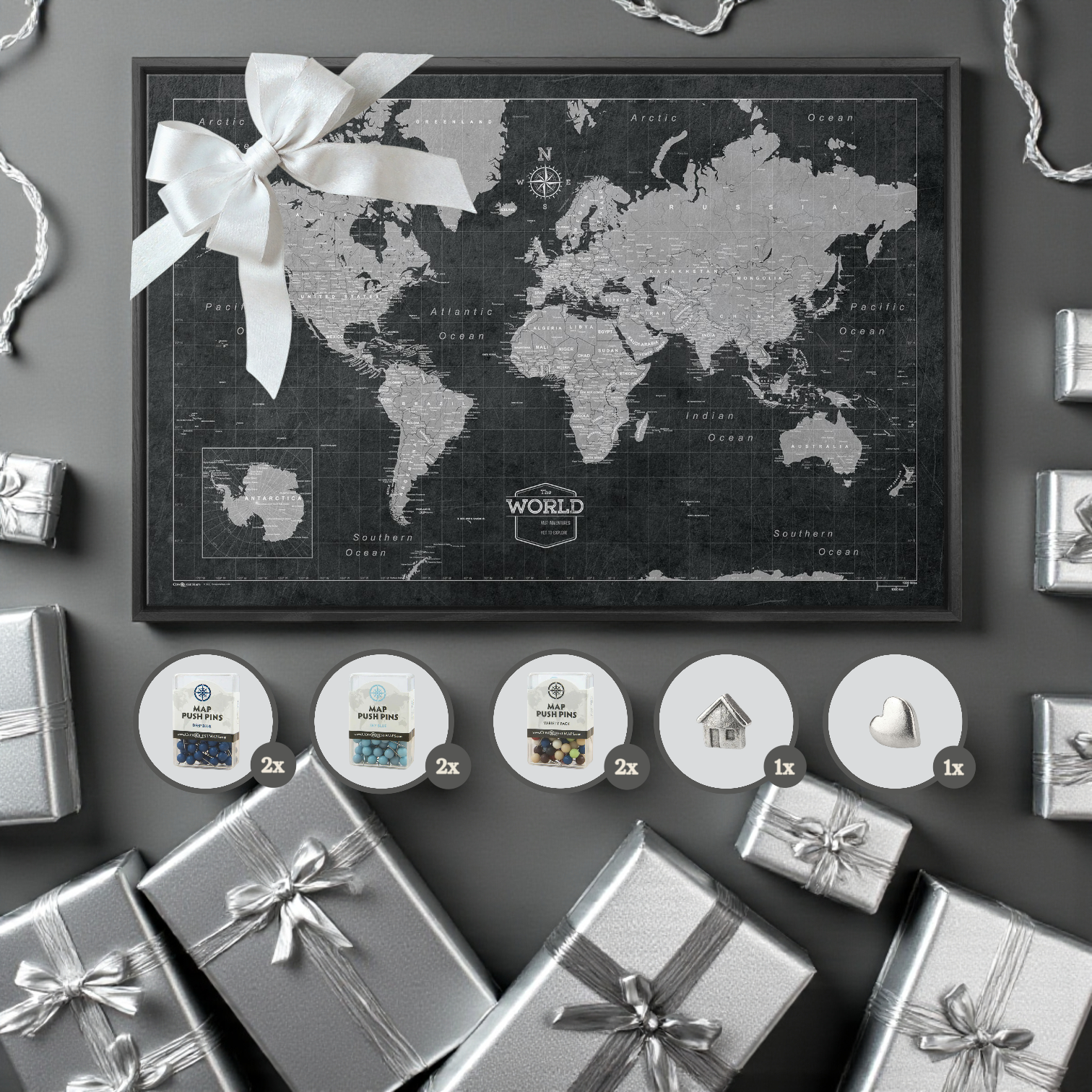 Modern Slate Push Pin World Map Bundle