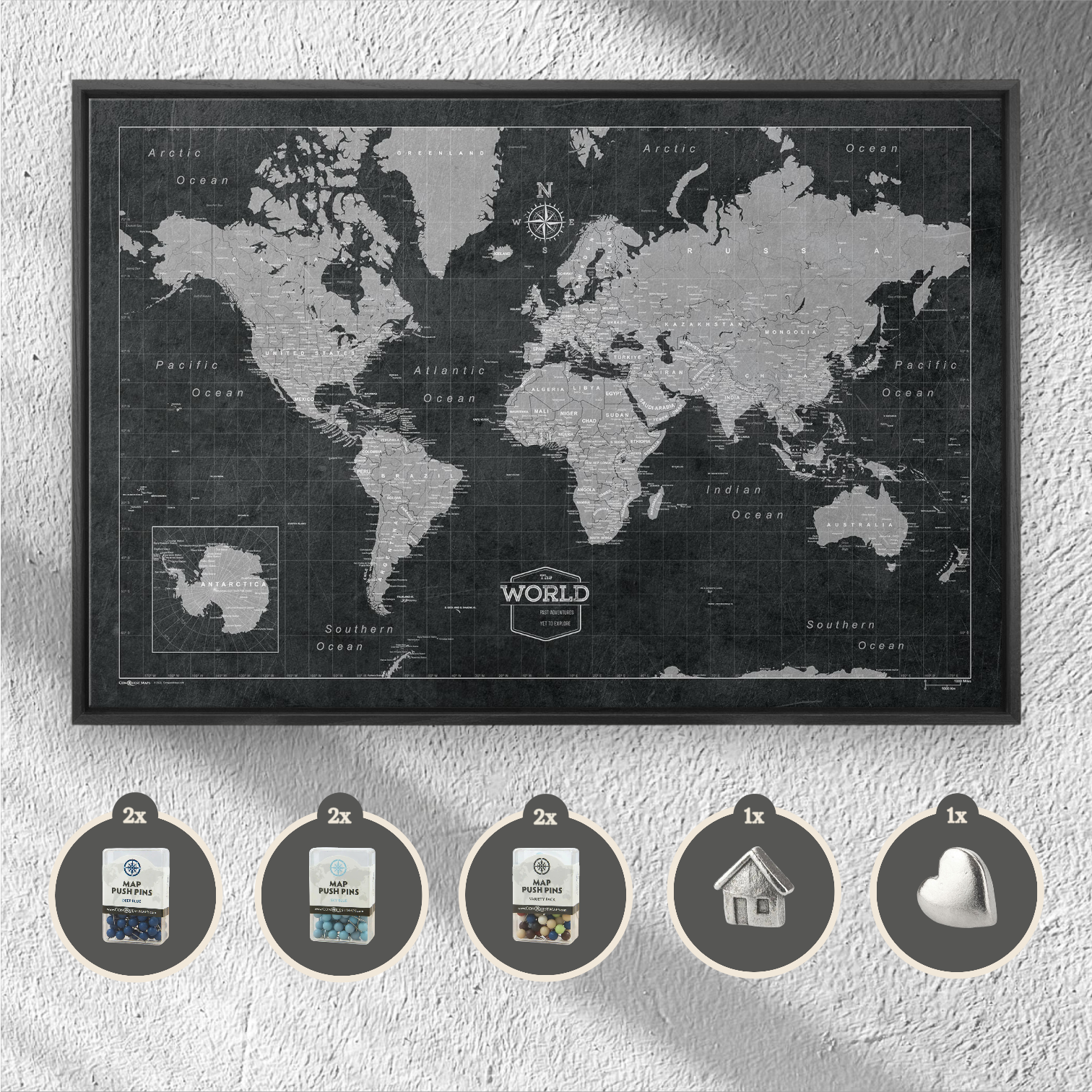 Modern Slate Push Pin World Map Bundle