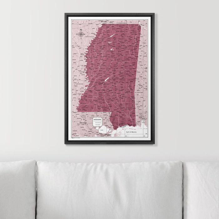 Push Pin Mississippi Map (Pin Board) - Burgundy Color Splash