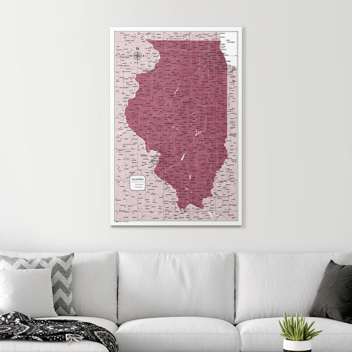 Push Pin Illinois Map (Pin Board) - Burgundy Color Splash