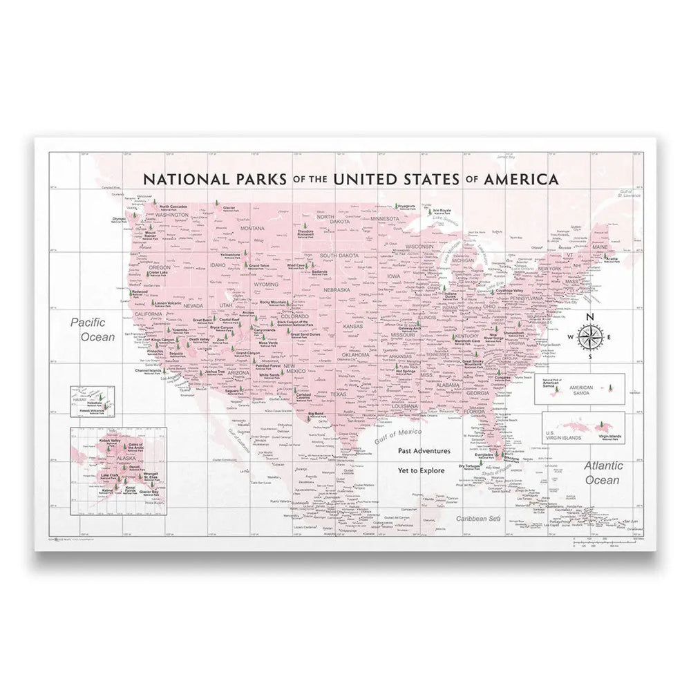 National Parks Push Pin Map - Pink USA Map - Conquest Maps