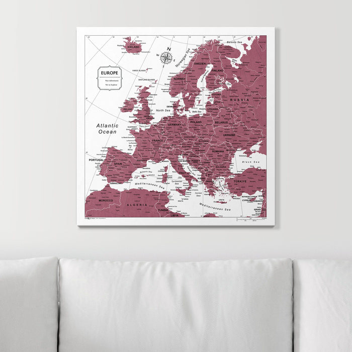 Push Pin Europe Map (Pin Board) - Burgundy Color Splash