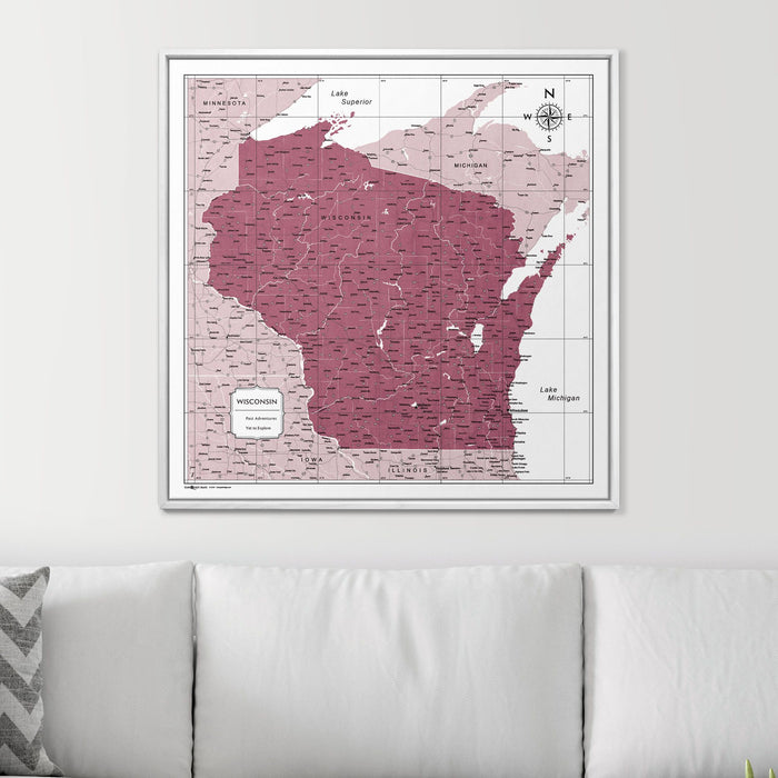 Push Pin Wisconsin Map (Pin Board) - Burgundy Color Splash CM Pin Board
