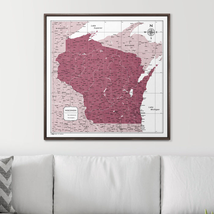 Push Pin Wisconsin Map (Pin Board) - Burgundy Color Splash