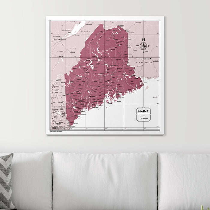 Push Pin Maine Map (Pin Board) - Burgundy Color Splash