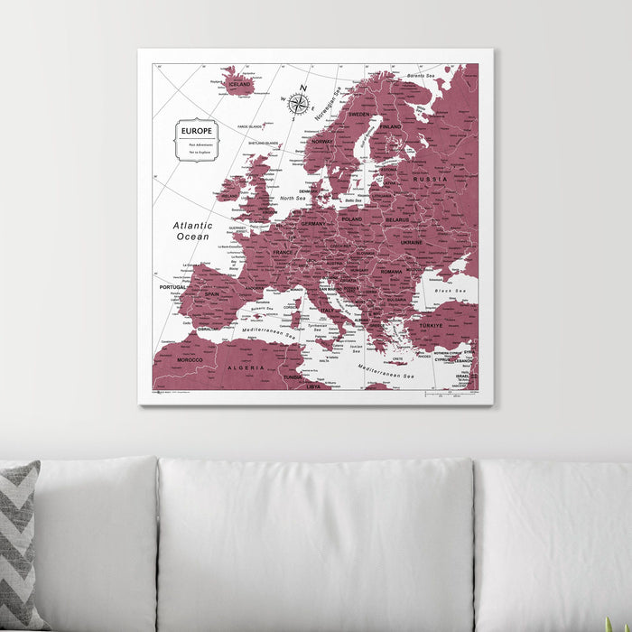 Push Pin Europe Map (Pin Board) - Burgundy Color Splash