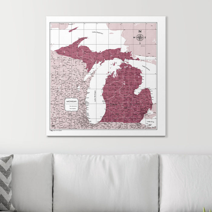Push Pin Michigan Map (Pin Board) - Burgundy Color Splash