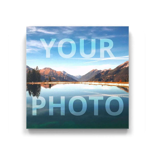 custom canvas print example of a lake and mountains that says “your photo”