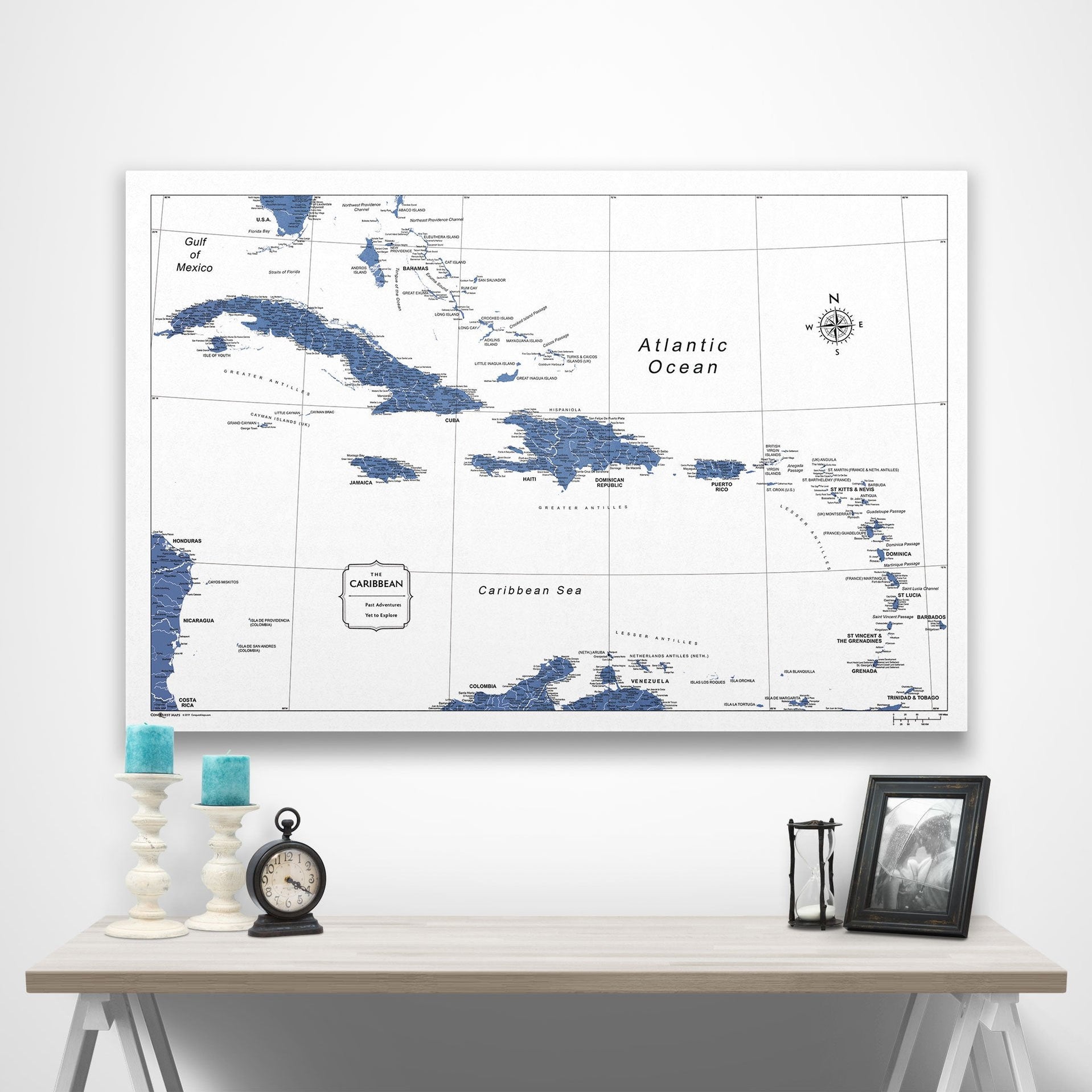 Caribbean Map Poster - Navy Color Splash - Conquest Maps LLC