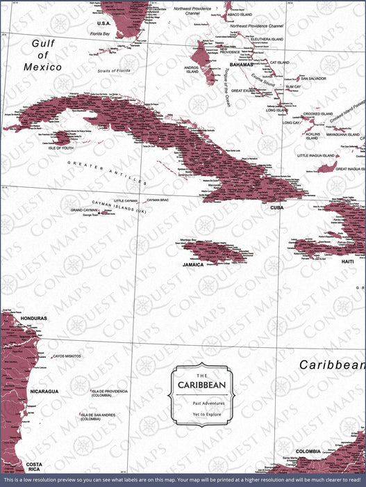 Caribbean Poster Map - Burgundy Color Splash CM Poster