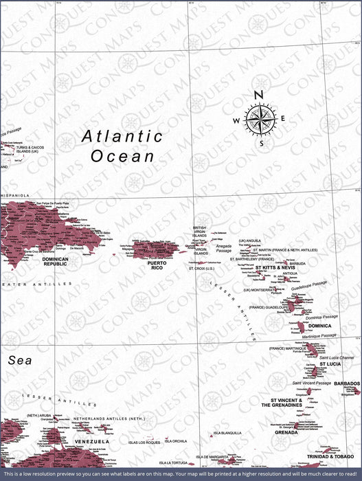 Caribbean Poster Map - Burgundy Color Splash CM Poster