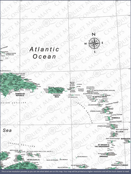 Caribbean Poster Map - Green Color Splash CM Poster