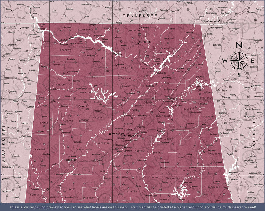 Push Pin Alabama Map (Pin Board) - Burgundy Color Splash