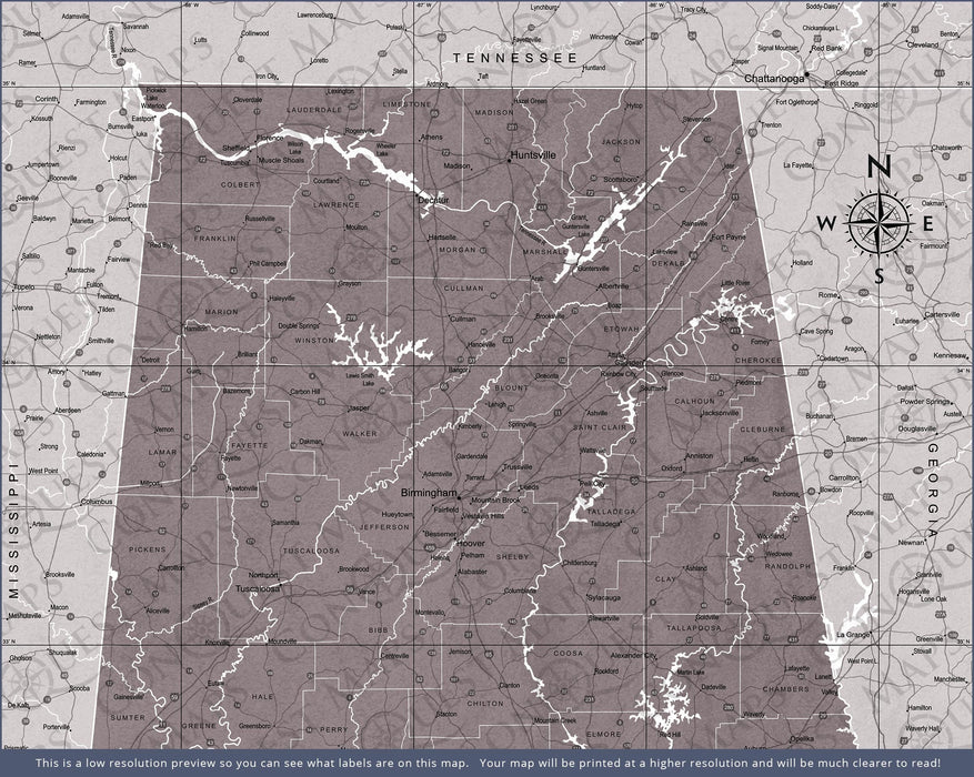 Push Pin Alabama Map (Pin Board) - Dark Brown Color Splash
