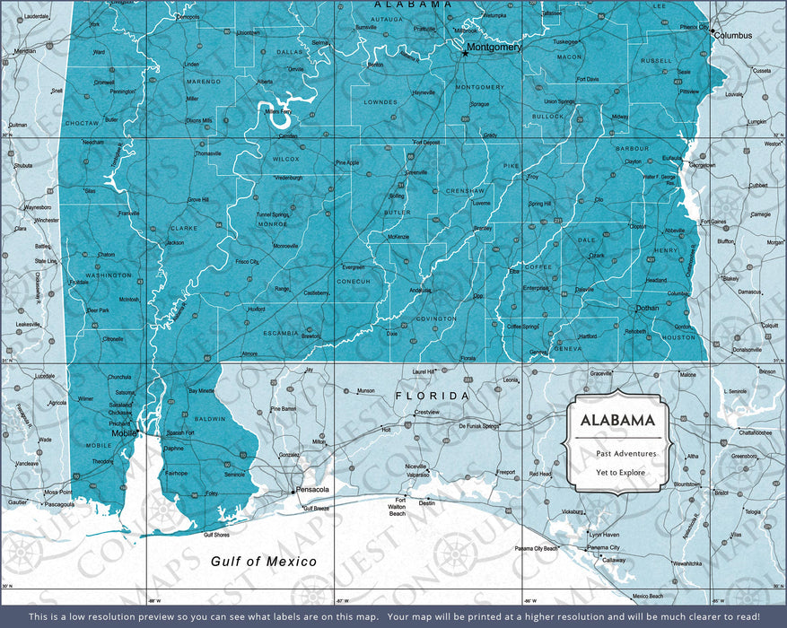 Push Pin Alabama Map (Pin Board) - Teal Color Splash