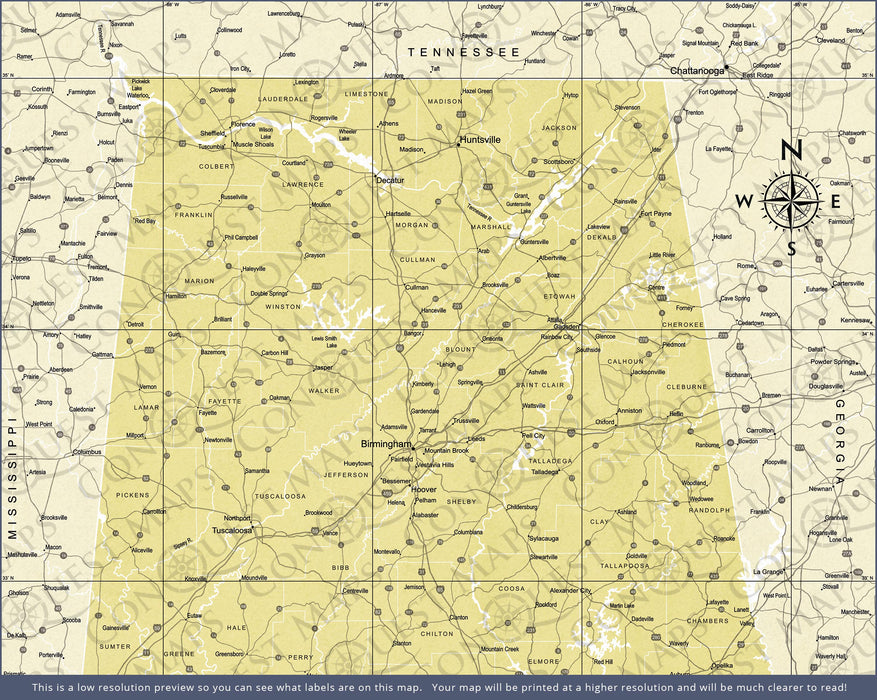 Push Pin Alabama Map (Pin Board) - Yellow Color Splash