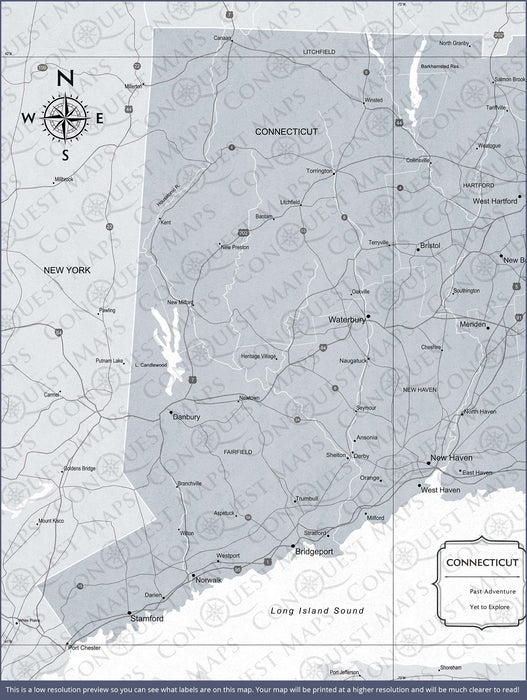 Maps Connectcut Connecticut Map Poster - Light Gray Color Splash - Conquest Maps LLC