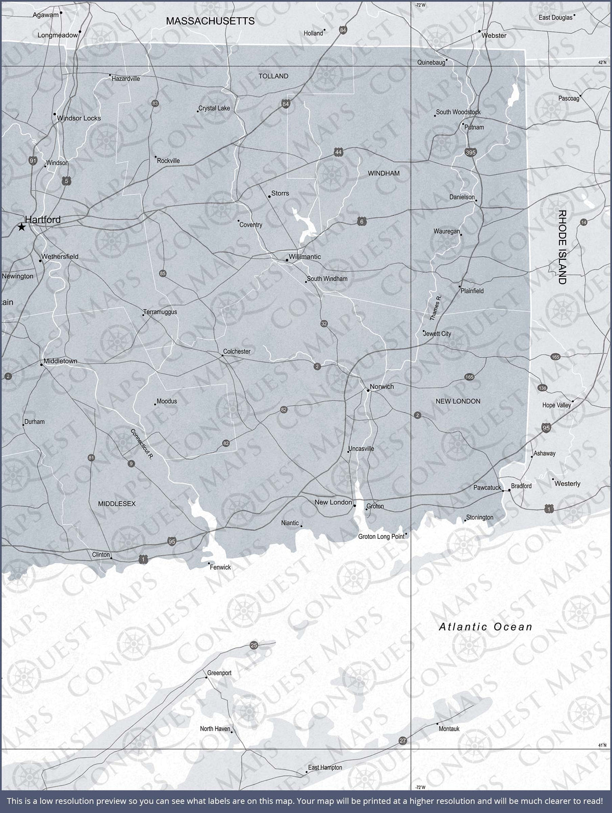 Connecticut Map Poster - Light Gray Color Splash - Conquest Maps LLC