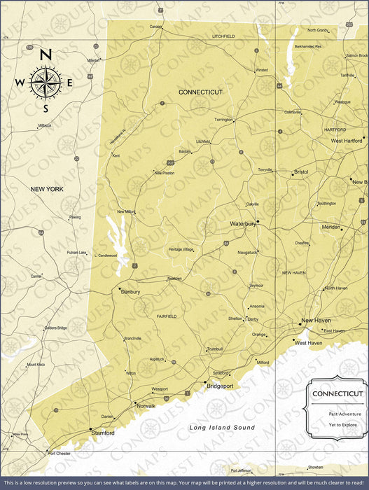Push Pin Connecticut Map (Pin Board/Poster) - Yellow Color Splash