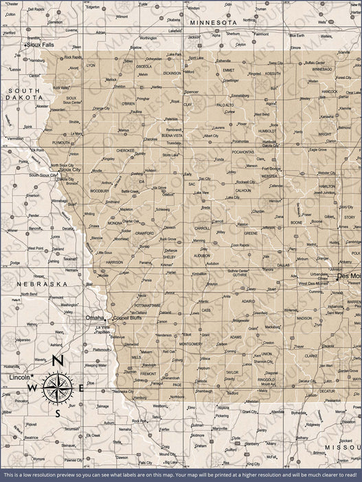 Push Pin Iowa Map (Pin Board) - Light Brown Color Splash