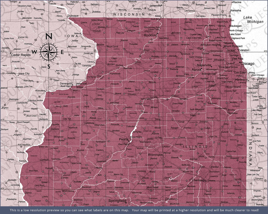 Push Pin Illinois Map (Pin Board) - Burgundy Color Splash CM Pin Board