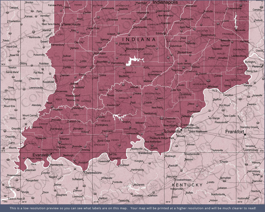 Push Pin Indiana Map (Pin Board) - Burgundy Color Splash