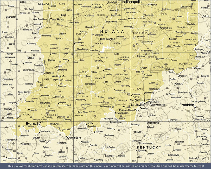 Indiana Map Poster - Yellow Color Splash CM Poster