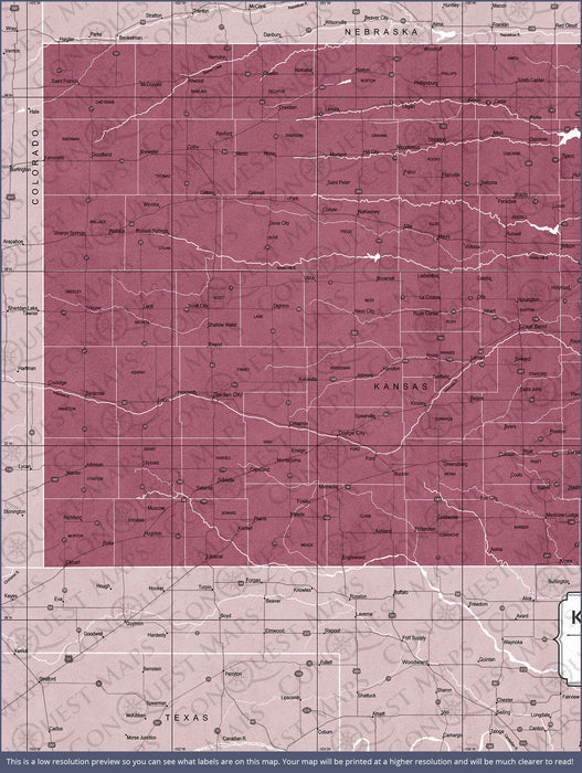 Push Pin Kansas Map (Pin Board) - Burgundy Color Splash