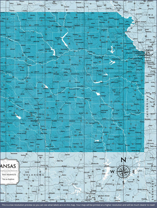 Push Pin Kansas Map (Pin Board) - Teal Color Splash