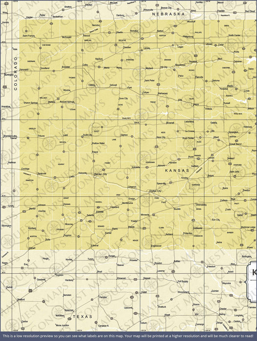 Kansas Map Poster - Yellow Color Splash CM Poster