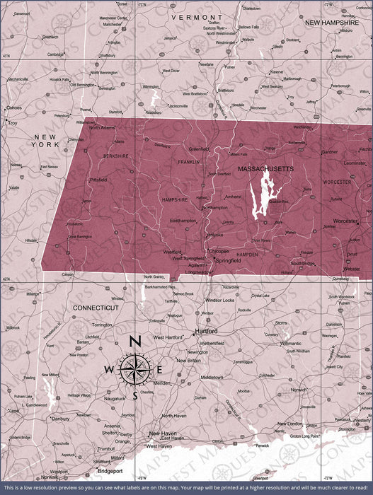 Push Pin Massachusetts Map (Pin Board) - Burgundy Color Splash