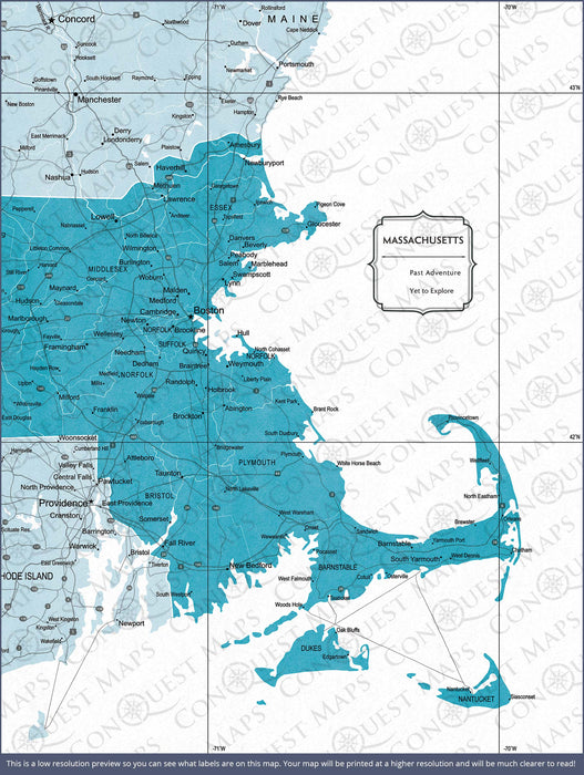 Push Pin Massachusetts Map (Pin Board/Poster) - Teal Color Splash