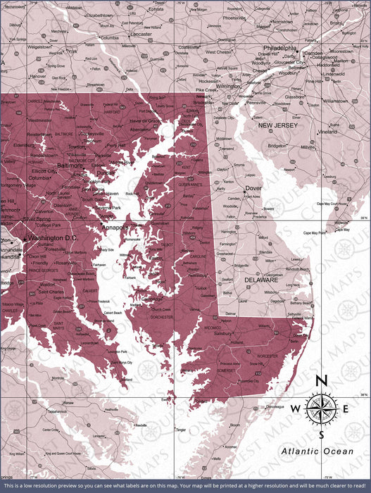 Push Pin Maryland Map (Pin Board) - Burgundy Color Splash