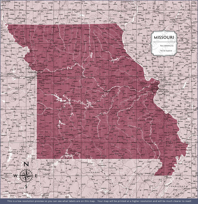 Push Pin Missouri Map (Pin Board/Poster) - Burgundy Color Splash