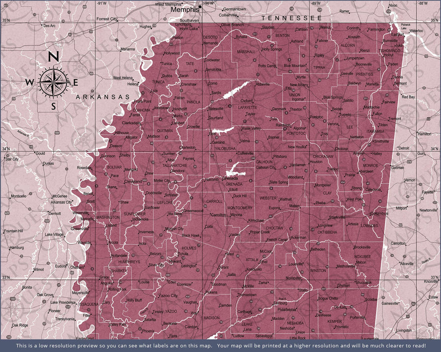 Push Pin Mississippi Map (Pin Board) - Burgundy Color Splash