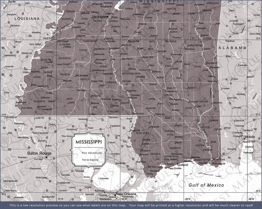 Push Pin Mississippi Map (Pin Board) - Dark Brown Color Splash