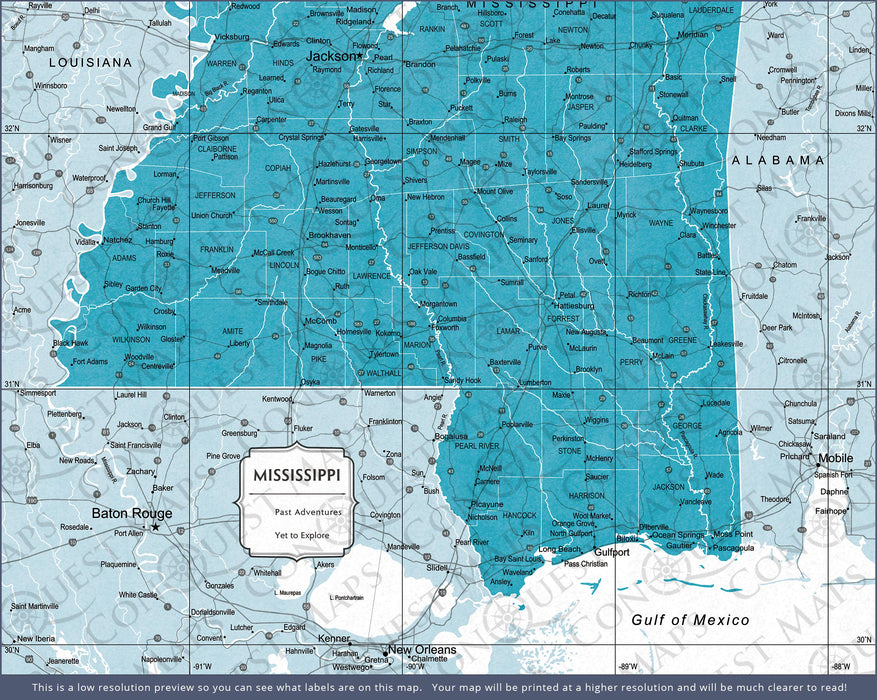 Push Pin Mississippi Map (Pin Board) - Teal Color Splash