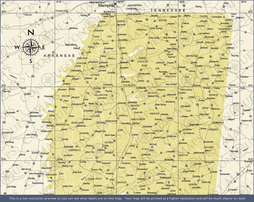 Push Pin Mississippi Map (Pin Board) - Yellow Color Splash