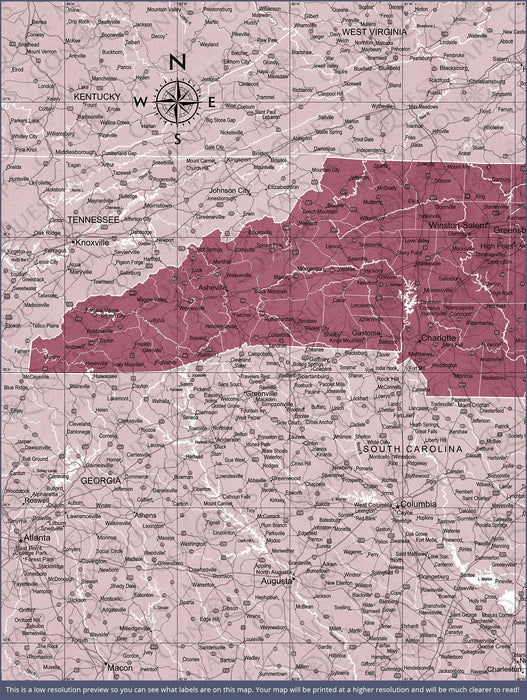 North Carolina Map Poster - Burgundy Color Splash CM Poster