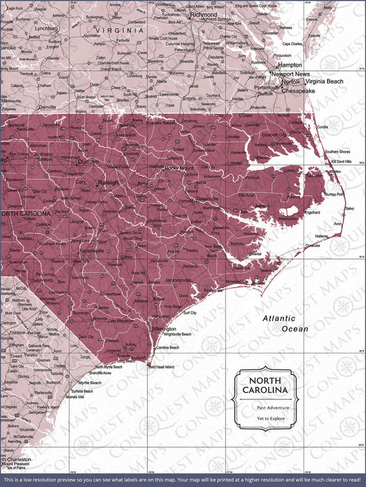 Push Pin North Carolina Map (Pin Board/Poster) - Burgundy Color Splash