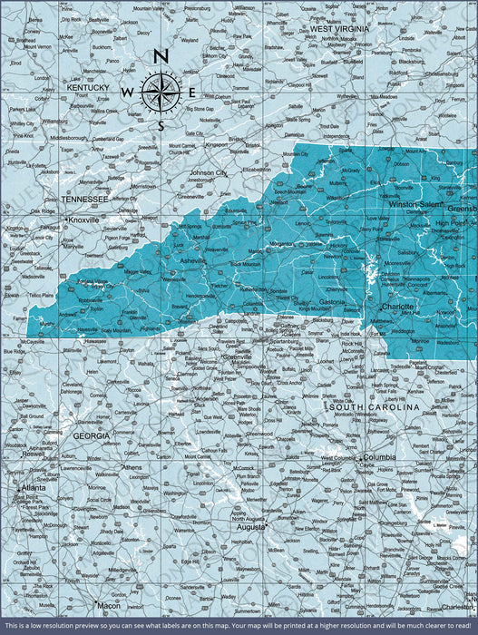 Push Pin North Carolina Map (Pin Board) - Teal Color Splash