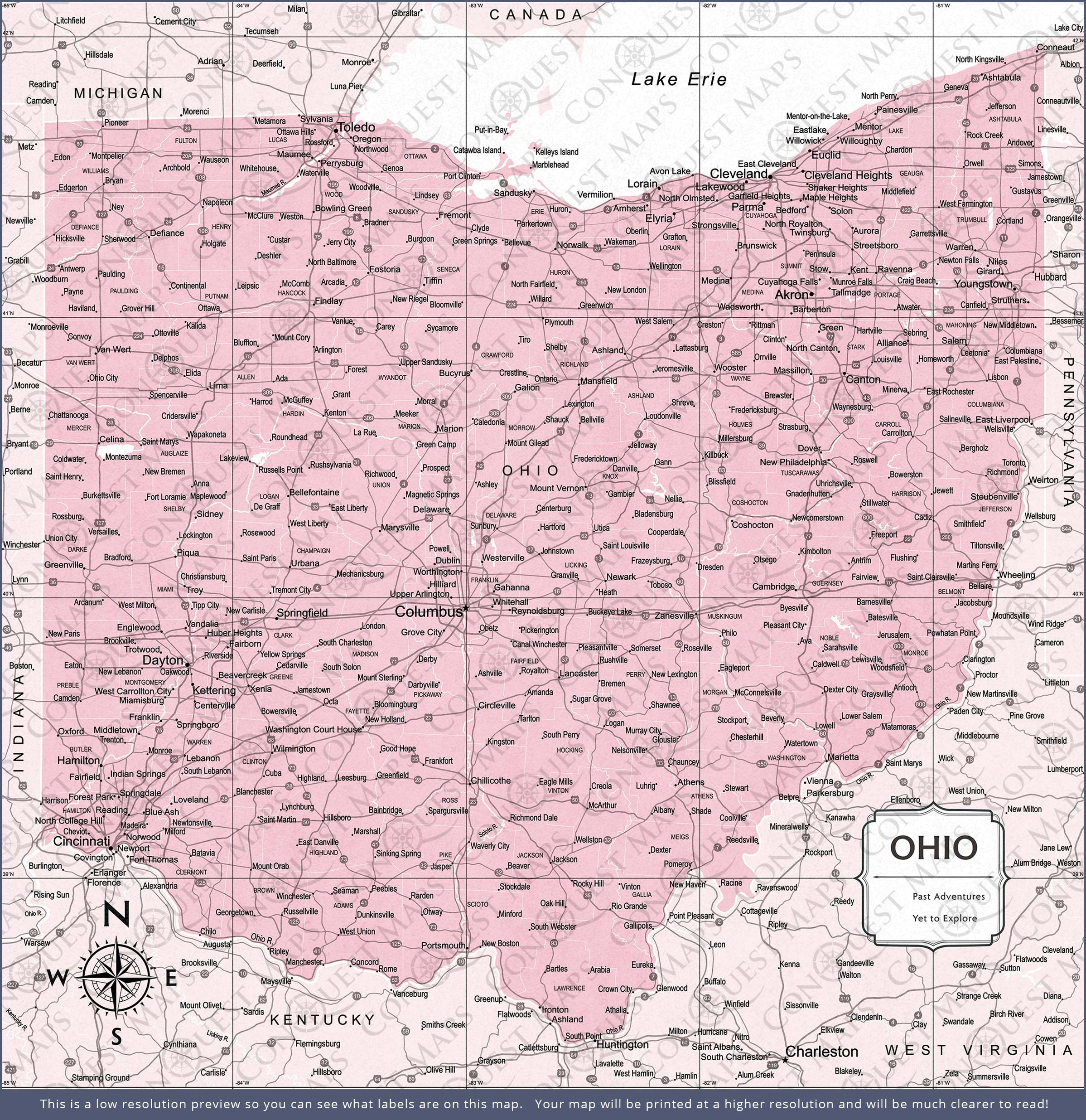 Ohio Map Poster Pink Color Splash Conquest Maps LLC