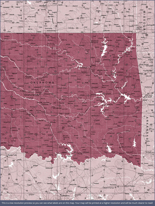 Oklahoma Map Poster - Burgundy Color Splash CM Poster