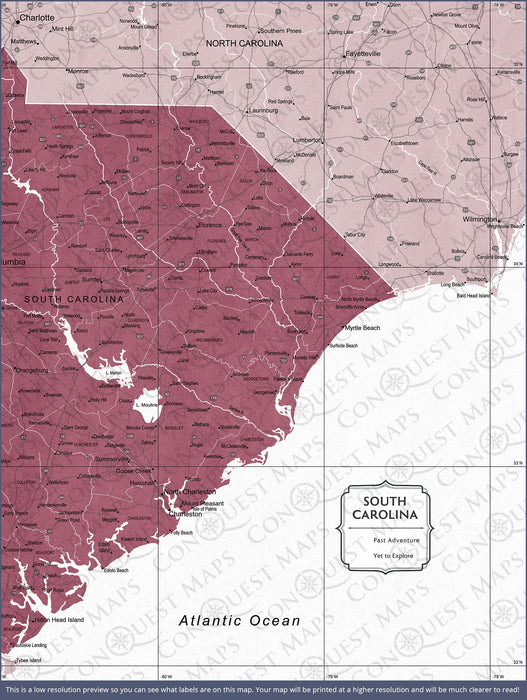 Push Pin South Carolina Map (Pin Board) - Burgundy Color Splash