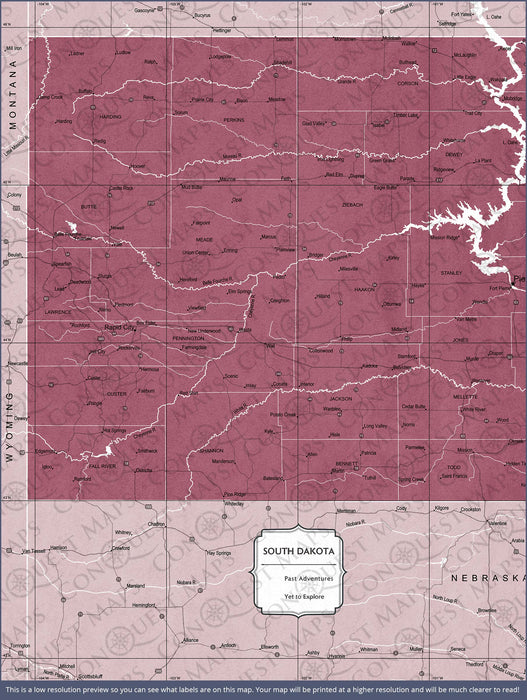 Push Pin South Dakota Map (Pin Board) - Burgundy Color Splash