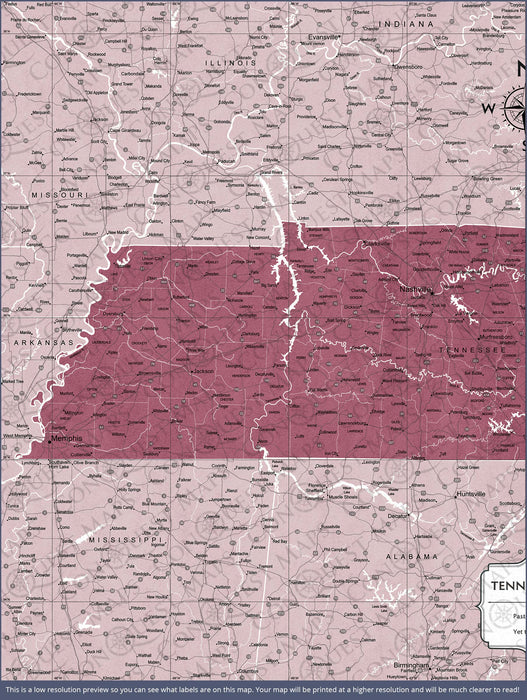 Push Pin Tennessee Map (Pin Board) - Burgundy Color Splash