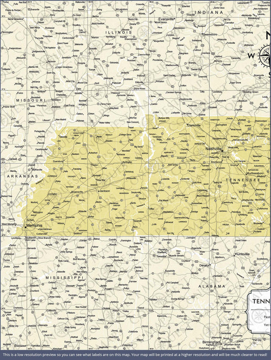 Tennessee Map Poster - Yellow Color Splash CM Poster