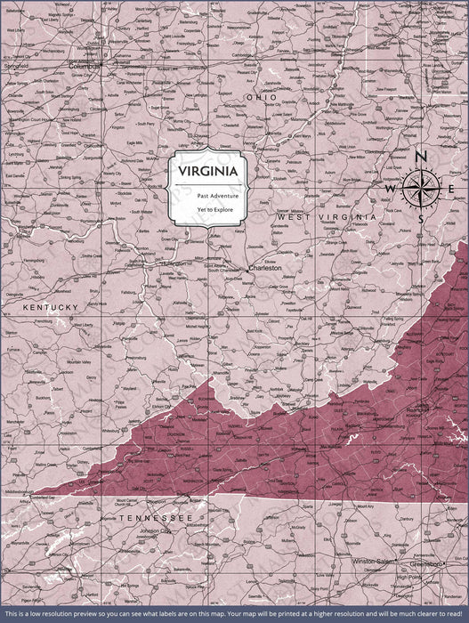 Push Pin Virginia Map (Pin Board) - Burgundy Color Splash
