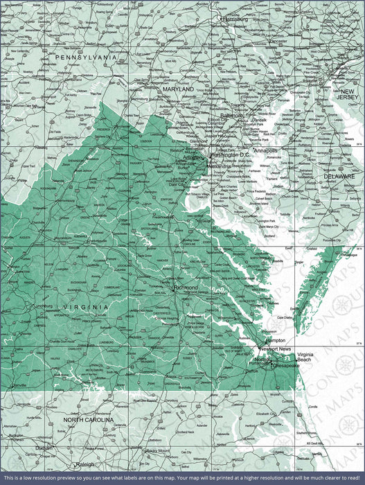 Virginia Map Poster - Green Color Splash CM Poster